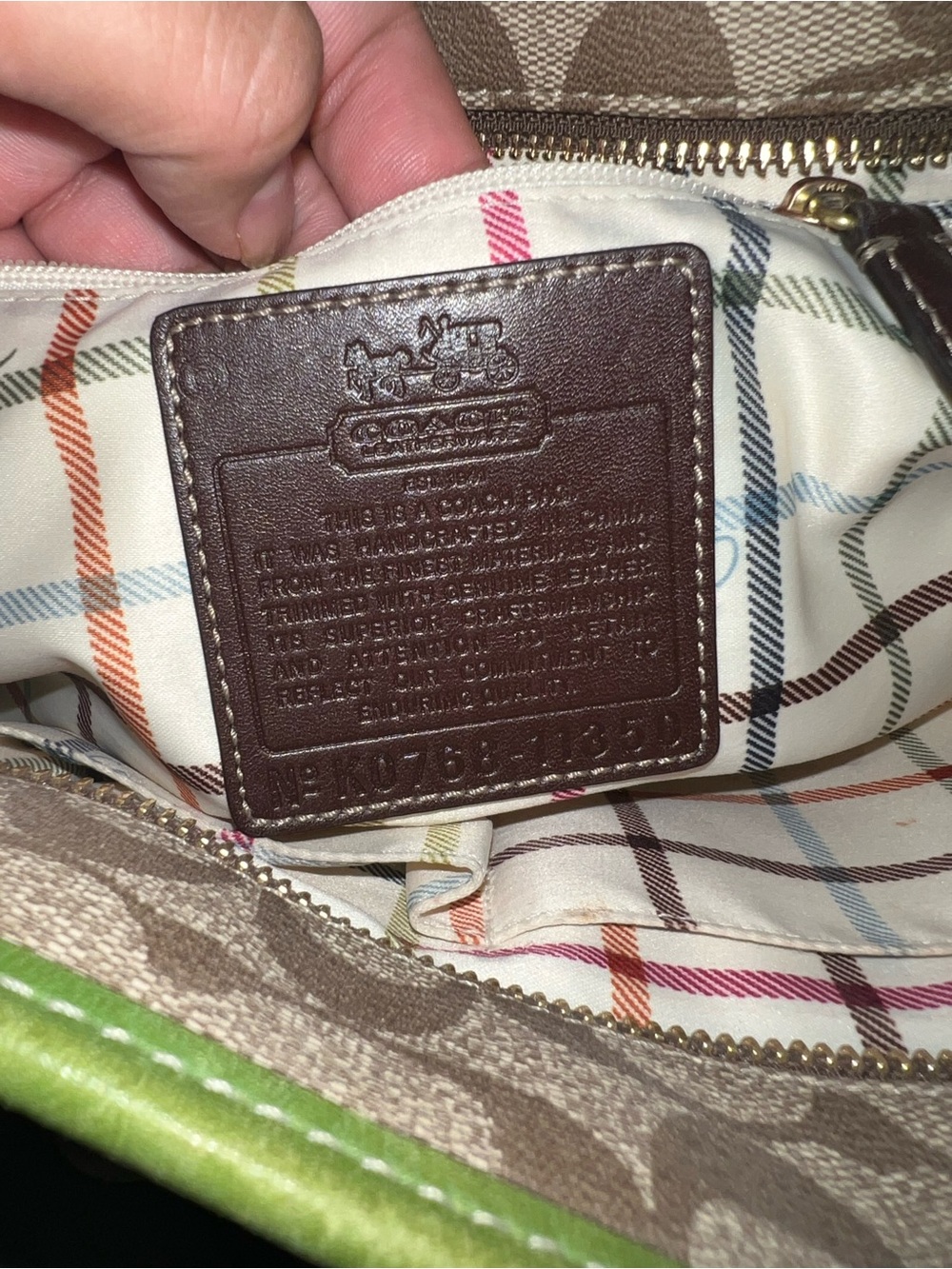 Vintage Coach Beige Signature Canvas Shoulder Bag with Green Trim